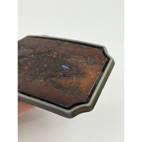 Vtg Solid Steel Buckle Tooled Leather Design 3.5" Distressed - Picture 3 of 6
